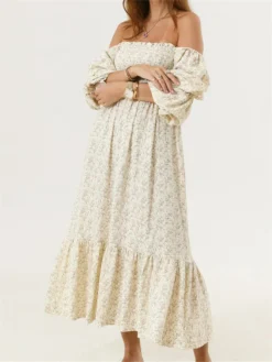 Woman Vintage Floral Dress Puff Long Sleeve