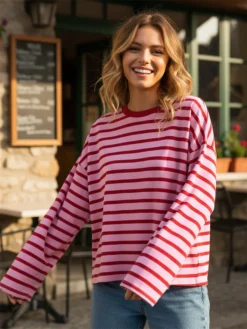 Women’s Stripe Print Tee Tops Long Sleeve